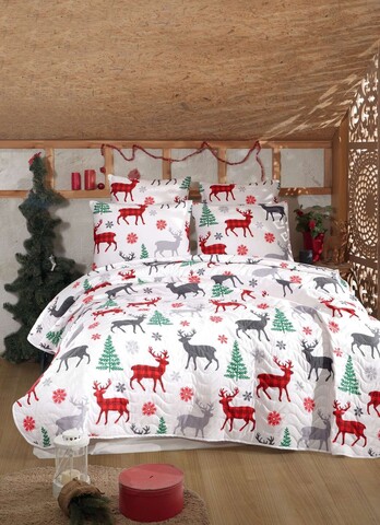 Set cuvertura matlasata dubla King (FR), 3 piese, L'essentiel Maison, Geyik, Alb / Roșu / Verde / Gri