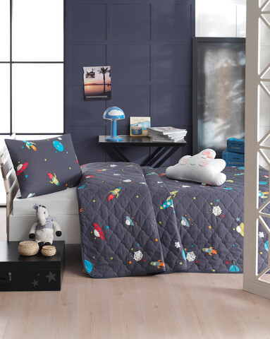 Set cuvertura Single 2 piese, L'essentiel Maison, Uzay, Albastru închis / Alb / Albastru / Galben / Portocaliu