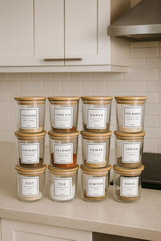 Set recipiente pentru condimente, Hermia, 409PBH1401, Capac din bambus: (12 bucăți), Transparent