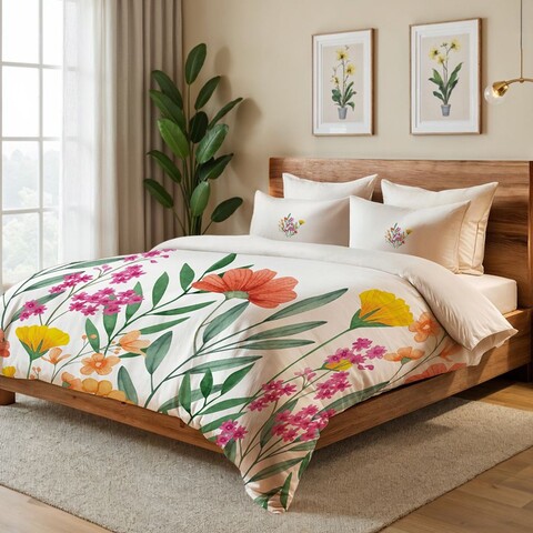 Lenjerie de pat dubla Super King (FR), 3 piese, L'essentiel Maison, Clementine, Crem / Portocaliu / Verde / Galben