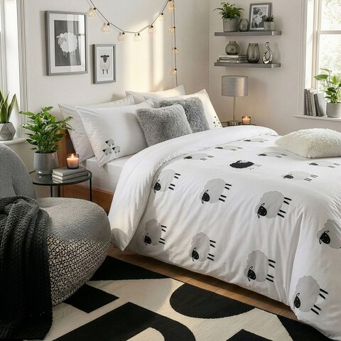 Lenjerie de pat dubla Super King (FR), 3 piese, L'essentiel Maison, The Black Sheep, Alb