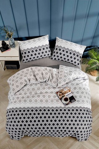 Lenjerie de pat dubla King (FR), 3 piese, L'essentiel Maison, Geometric, Negru / Alb / Gri