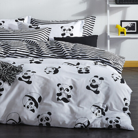 Lenjerie de pat dubla Super King (EU) (IT), 3 piese, L'essentiel Maison, Panda, Alb/Negru