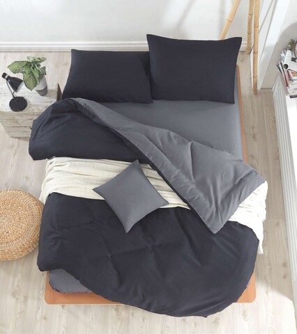 Lenjerie de pat dubla Super King (FR), 3 piese, L'essentiel Maison, Mix, Negru / Fume