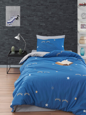 Lenjerie de pat pentru o persoana Single XXL (DE), L'essentiel Maison, Dide, Albastru / Gri / Galben