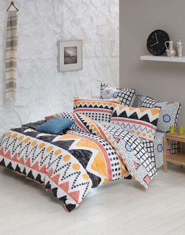 Lenjerie de pat dubla (DE), L'essentiel Maison, Bettina, Galben / Negru / Alb / Somon