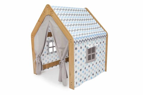 Cort de joaca pentru copii, Hanah Home, Wooden Tent, 95x114x90 cm, Natural / Alb / Albastru