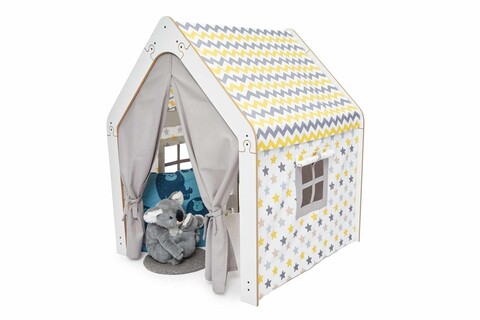 Cort de joaca pentru copii, Hanah Home, Wooden Tent, 95x114x90 cm, Alb / Galben
