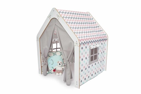 Cort de joaca pentru copii, Hanah Home, Wooden Tent, 95x114x90 cm, Alb/Roz