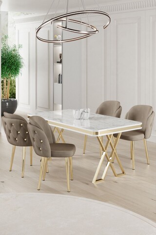 Set masă și scaune (5 bucăți), Hanah Home, Rigel, Alb / Auriu / Cappuccino
