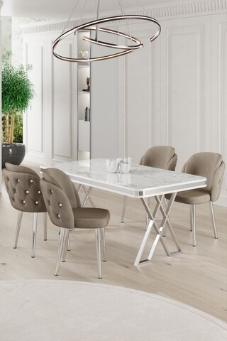 Set masă și scaune (5 bucăți), Hanah Home, Rigel, Alb / Crom / Cappuccino