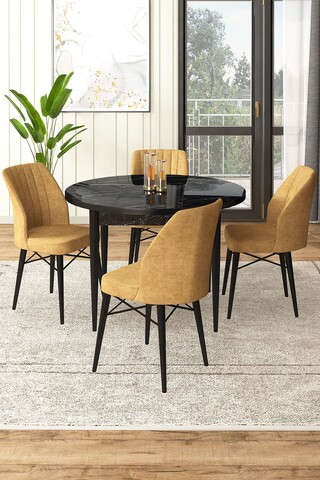 Set masă și scaune (5 bucăți), Hanah Home, Rox, Marmură neagră / Cappuccino