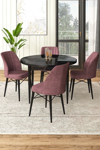 Set masă și scaune (5 bucăți), Hanah Home, Rox, Marmură neagră / Roz prăfuit