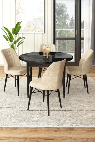 Set masă și scaune (5 bucăți), Hanah Home, Rox, Marmură neagră / Crem