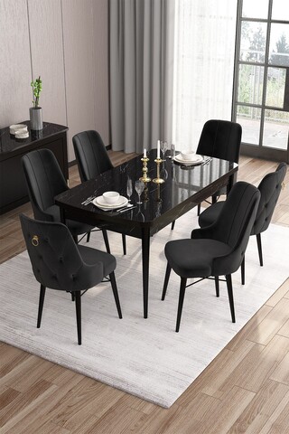 Set masa extensibila si scaune, Hanah Home, Are, Marmură neagră / Negru