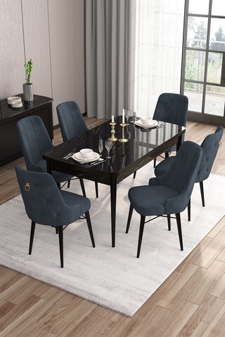 Set masa extensibila si scaune, Hanah Home, Are, Marmură neagră / Antracit