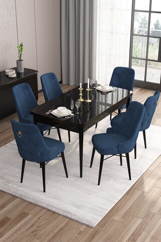 Set masa extensibila si scaune, Hanah Home, Are, Marmură neagră / Albastru marin