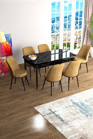 Set masa extensibila si scaune, Hanah Home, Han, Marmură neagră / Cappuccino