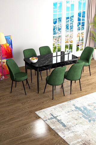 Set masa extensibila si scaune, Hanah Home, Han, Marmură neagră / Kaki