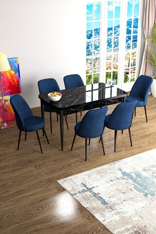 Set masa extensibila si scaune, Hanah Home, Han, Marmură neagră / Albastru marin