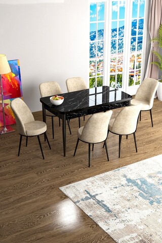 Set masa extensibila si scaune, Hanah Home, Han, Marmură neagră / Crem