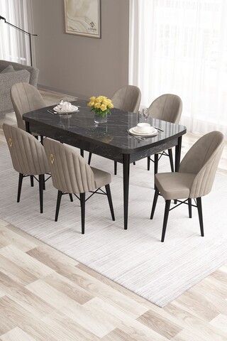 Set masa extensibila si scaune, Hanah Home, Roz, Marmură neagră / Cappuccino