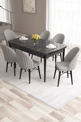 Set masa extensibila si scaune, Hanah Home, Roz, Marmură neagră / Gri