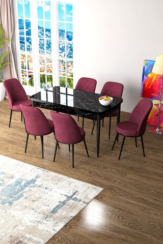 Set masa extensibila si scaune, Hanah Home, Zen, Marmură neagră / Burgundia