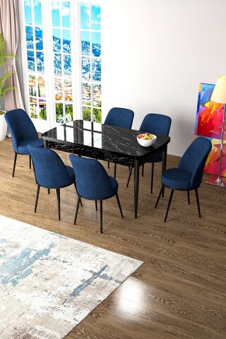 Set masa extensibila si scaune, Hanah Home, Zen, Marmură neagră / Albastru marin