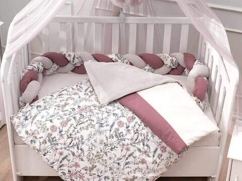 Set de dormit pentru bebelusi cu protectie laterala, Wallxpert, Flower, Roz / Alb / Gri