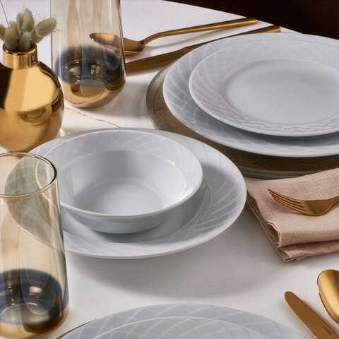 Serviciu de masa, Hermia, 387GRP1409, Farfurie: 22 x 22 x 4 cm (6 bucăți), Alb