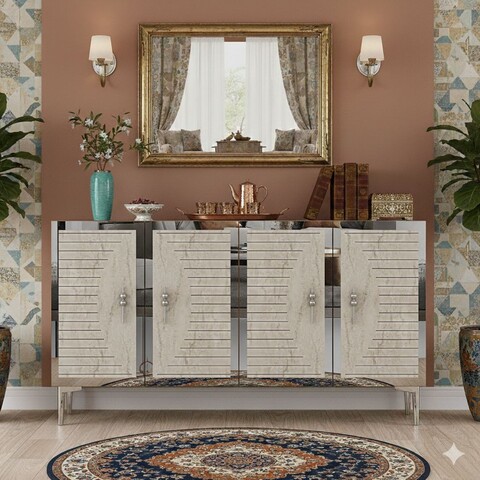 Consola, Hanah Home, Tuna 120, 120x75x32 cm, White / Travertine / Silver