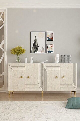 Consola, Hanah Home, Lessi 150, 150x75x32 cm, White / Travertine / Gold