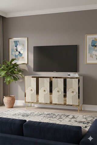 Consola, Hanah Home, Pega 120, 120x79x32 cm, White / Travertine / Gold