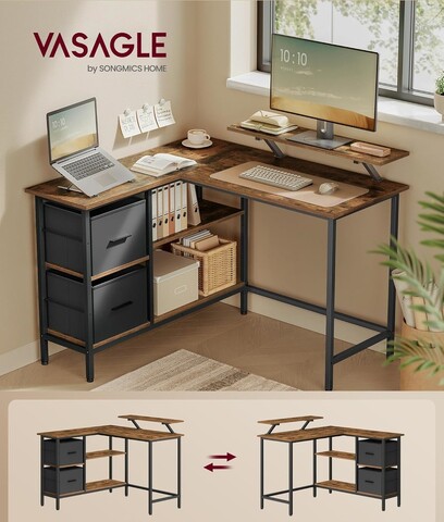 Birou de colt  L-Shaped, Vasagle, design reversibil, 105x115x89.5 cm, PAL/otel, maro rustic