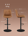 Set 2 scaune de bar, Vasagle, rotativ, 44x48x90-112 cm, piele ecologica/otel cromat, caramel