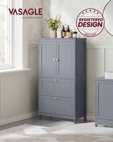 Dulap de baie cu raft reglabil si 2 sertare, Vasagle, 60x30x110 cm, MDF/PAL, gri dove