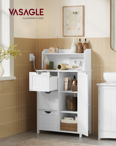 Dulap pentru baie cu priza si porturi USB, Vasagle, 60x30x100 cm, MDF, alb cloud