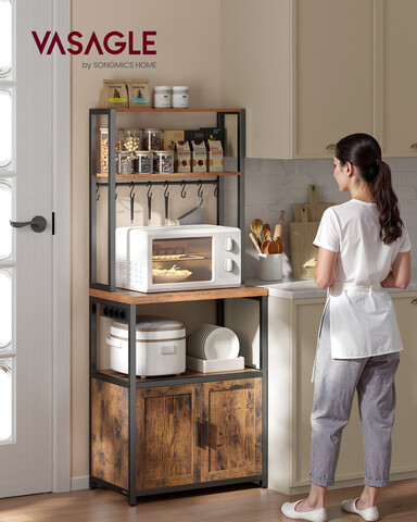 Dulap de bucatarie Coffee Bar, Vasagle, cu priza integrata, 60x40x170 cm, PAL/otel, gri carbune