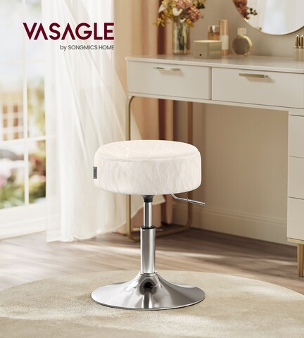 Taburet reglabil pentru masa de machiaj, Vasagle, rotativ, 38.5x45.5-57.5 cm, piele ecologica/otel, crem