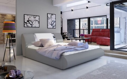 Pat tapitat cu somiera si lada depozitare, 160x200 cm, ELTAP, Flavio, lemn/poliester, gri/alb