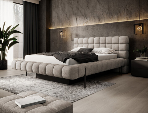 Pat tapitat cu somiera rabatabila si lada depozitare, 180x200 cm, ELTAP, Magentta, metal/poliester, bej inchis