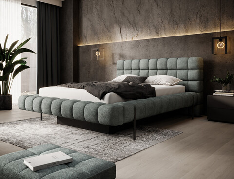 Pat tapitat cu somiera rabatabila si lada depozitare, 180x200 cm, ELTAP, Magentta, metal/poliester, albastru deschis