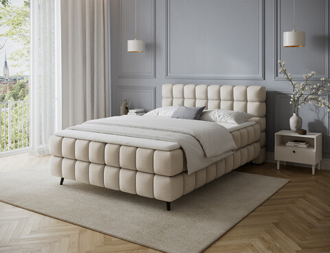 Pat continental tapitat cu lada depozitare, 140x200 cm, ELTAP, Sabeno, lemn/poliester, bej deschis