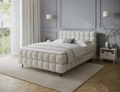 Pat continental tapitat cu lada depozitare, 140x200 cm, ELTAP, Sabeno, lemn/poliester, alb