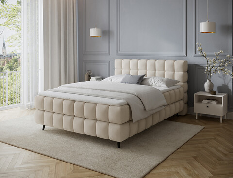 Pat continental tapitat cu lada depozitare, 180x200 cm, ELTAP, Sabeno, lemn/poliester, bej