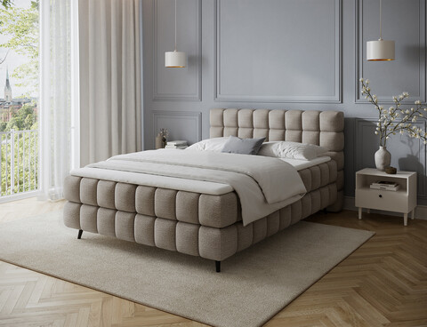 Pat continental tapitat cu lada depozitare, 180x200 cm, ELTAP, Sabeno, lemn/poliester, bej inchis