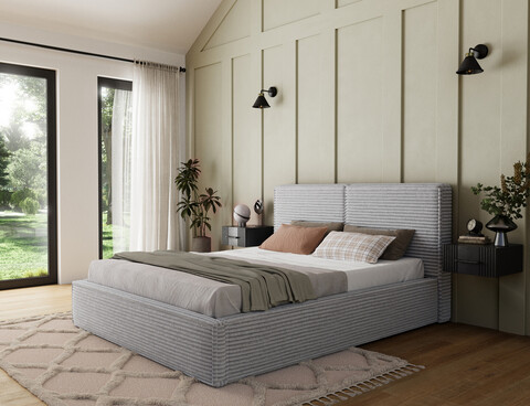 Pat tapitat cu somiera si lada depozitare, 160x200 cm, ELTAP, Pesillo, lemn/poliester, gri