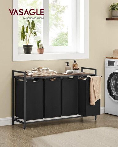 Cos de rufe cu 4 compartimente si raft depozitare, Vasagle, 116x33x72 cm, 4x40L, MDF/otel, maro/negru