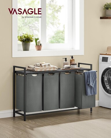 Cos de rufe cu 4 compartimente si raft depozitare, Vasagle, 116x33x72 cm, 4x40L, MDF/otel, negru/gri